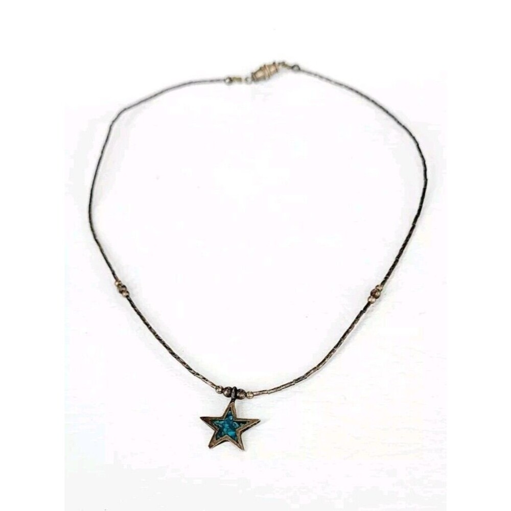 Sterling Silver 925 Turquoise Inlay Star Pendant Necklace 16" 4.61g Southwestern - Picture 2 of 8
